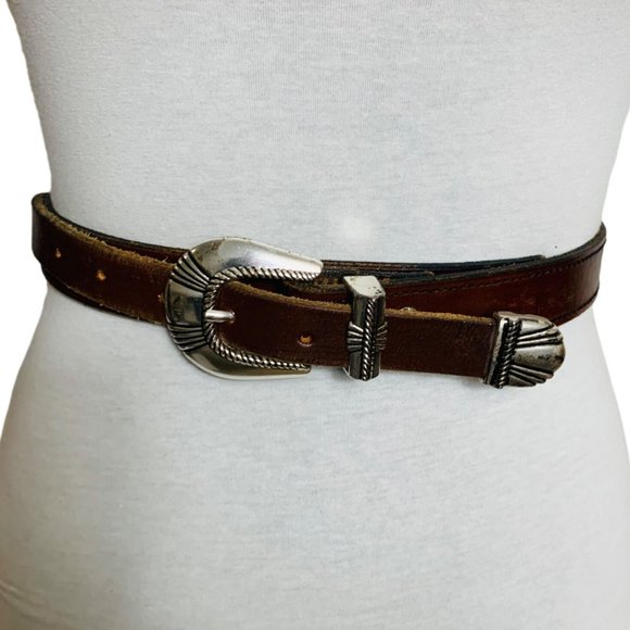 VTG Womens French Cuir Vachette Belt Skinny Southwestern Sz XL Brown Leather 90s main image 12